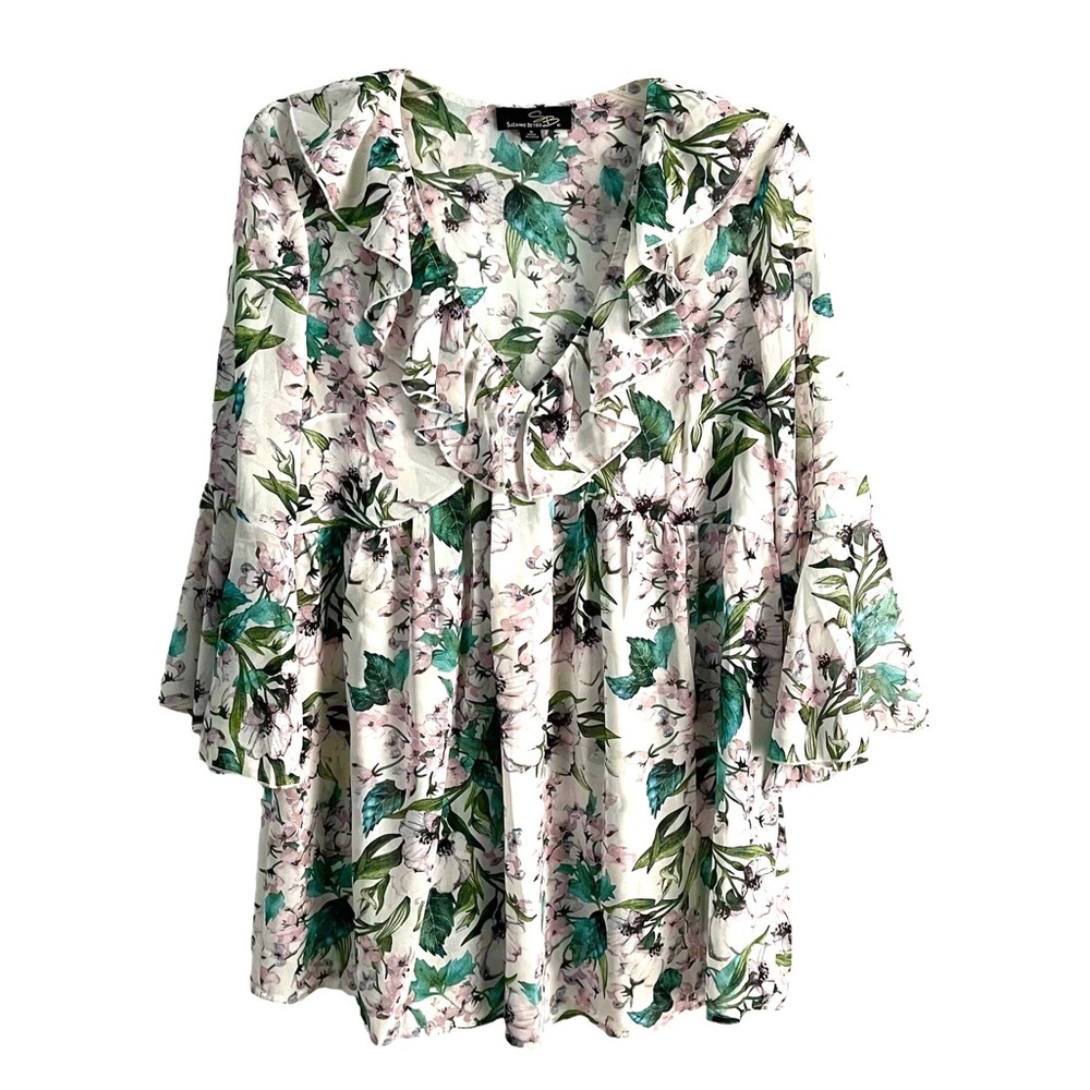 Suzanne Betro Floral Babydoll Top Ruffle Sleeve Green White Size S